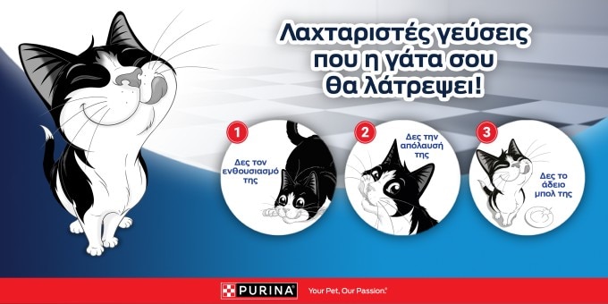 Γάτα κινουμένων σχεδίων που γλύφει χαρούμενα τα χείλη. Τρία βήματα δείχνουν τον ενθουσιασμό, την ικανοποίηση και το άδειο μπολ της γάτας. Ελληνικό κείμενο; Λογότυπο Purina στο κάτω μέρος. Παιχνιδιάρικος τόνος.