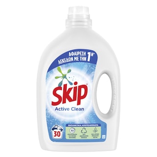 SKIP | Υγρό Απορρυπαντικό Πλυντηρίου Ρούχων Active Clean 30 Μεζούρες 1+1 Δώρο
