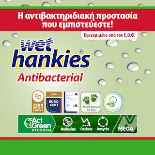 WET HANKIES | Υγρά Μαντηλάκια Αντιβακτηριδιακά Πράσινο Μήλο 60 ΤΕΜ