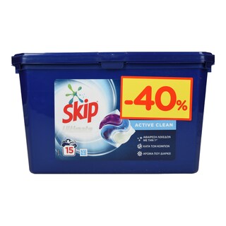 SKIP | Ταμπλέτες Πλυντηρίου Ρούχων Active Clean 15 Μεζούρες 40%