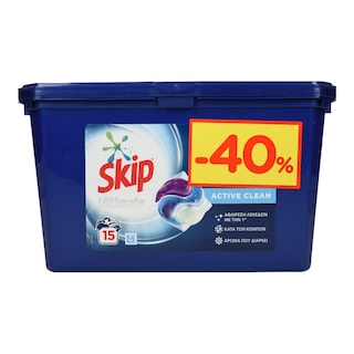 SKIP | Ταμπλέτες Πλυντηρίου Ρούχων Active Clean 15 Μεζούρες 40%