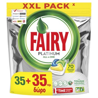 FAIRY | Κάψουλες Πλυντηρίου Πιάτων Platinum All In 1 Λεμόνι 35+35 Τεμάχια Δώρο