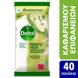 DETTOL | Υγρά Απολυμαντικά Πανάκια Καθαρισμού Πράσινο Μήλο 40 Τεμάχια
