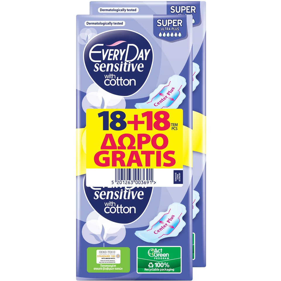 Σερβιέτες Ultra Plus Sensitive Economy Super 18 Τεμάχια 1+1 Δώρο