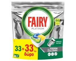 FAIRY | Κάψουλες Πλυντηρίου Πιάτων All in 1 Platinum Λεμόνι 33+33 Τεμάχια Δώρο
