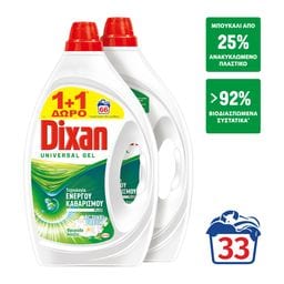 DIXAN | Υγρό Απορρυπαντικό Πλυντηρίου Ρούχων Φρεσκάδα Άνοιξης 33 Μεζούρες 1+1 Δώρο