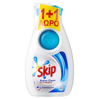 SKIP | Υγρό Πλυντηρίου Ρούχων Ultimate Active Clean 26 Μεζούρες 1+1 Δώρο