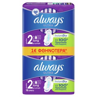 ALWAYS | SANITARY NAPKINS ULTRA LONG PLUS DUO 16 ΤΕΜ 1Ε DISCOUNT