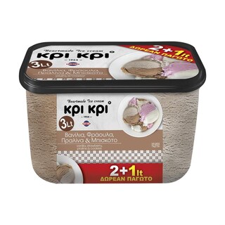 ΚΡΙ ΚΡΙ | Παγωτό Βανίλια Φράουλα Πραλίνα Μπισκότο 2lt + 1lt Δώρο