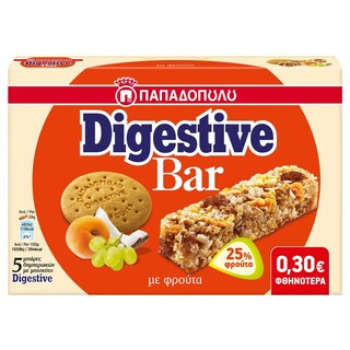 ΠΑΠΑΔΟΠΟΥΛΟΥ | Μπάρες Δημητριακών Digestive Φρούτα 5x28gr Έκπτωση 0.30Ε 140 ΓΡ -0,30Ε