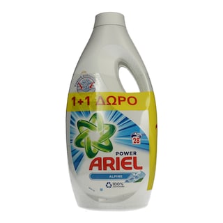 ARIEL | Υγρό Απορρυπαντικό Πλυντηρίου Ρούχων Alpine 28 Μεζούρες 1+1 Δώρο