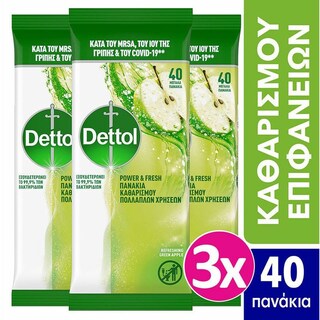 DETTOL | Πανάκια Καθαρισμού Επιφανειών Πράσινο Μήλο Αποκλειστικά Online 3x40 Τεμάχια