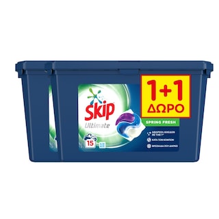SKIP | Kάψουλες Πλυντηρίου Ρούχων Ultimate Spring Fresh Trio 15 Μεζούρες 1+1 Δώρο