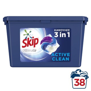 SKIP | Kάψουλες Πλυντηρίου Ρούχων Ultimate Active Clean Trio 38 Μεζούρες
