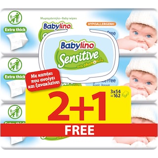 BABYLINO | Μωρομάντηλα Sensitive Χαμομήλι 54 Τεμάχια 2+1 Δώρο