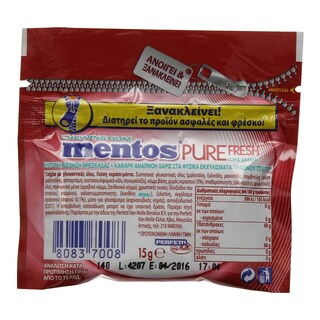 MENTOS | PURE FRESH RESEALABLE | ΤΣΙΚΛΕΣ ΚΕΡΑΣΙ 15 GR