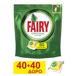 FAIRY | Κάψουλες Πλυντηρίου Πιάτων All in 1 Original Λεμόνι 40+40 Τεμάχια Δώρο