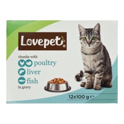 LOVEPET | Γατοτροφή Υγρή Πουλερικά Συκώτι και Ψάρι 12x100g