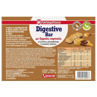 ΠΑΠΑΔΟΠΟΥΛΟΥ | Μπάρες Δημητριακών Digestive Φιστικοβούτυρο & Σοκολάτα 5x28g Έκπτωση 0.60Ε