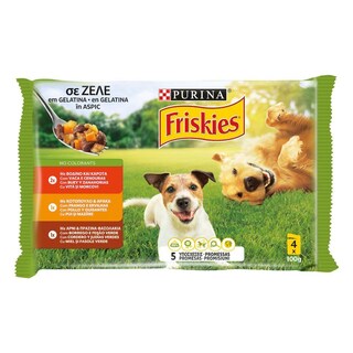 FRISKIES | Σκυλοτροφή Adult Ζελέ Βοδινό Κοτόπουλο Αρνί 4X100 gr