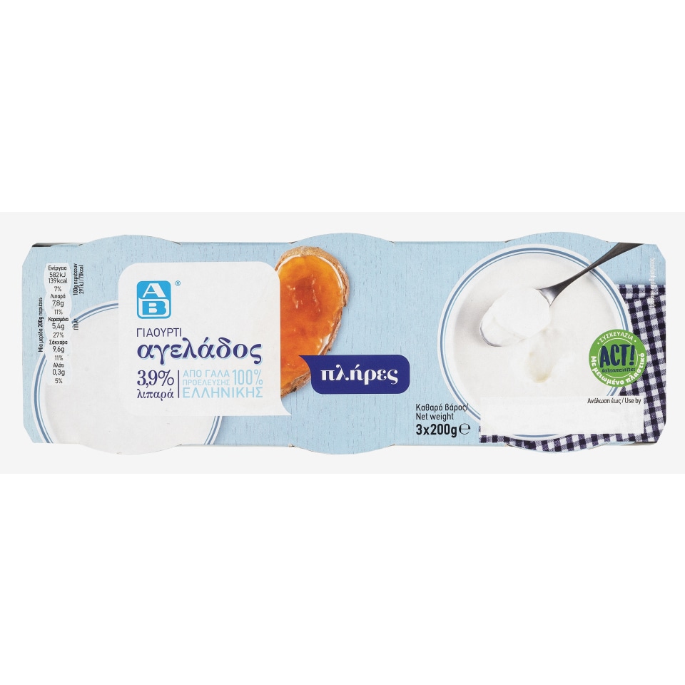 ΑΒ Γιαούρτι Αγελάδος 3,9% Λιπαρά 3 Χ 200 gr