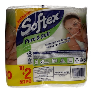 SOFTEX | ΧΑΡΤΙ ΥΓΕΙΑΣ  PURE & SOFT 2 ΦΥΛΛΑ 12 ΤΕΜ