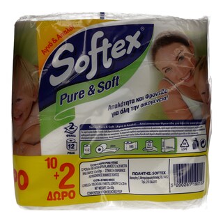 SOFTEX | ΧΑΡΤΙ ΥΓΕΙΑΣ  PURE & SOFT 2 ΦΥΛΛΑ 12 ΤΕΜ