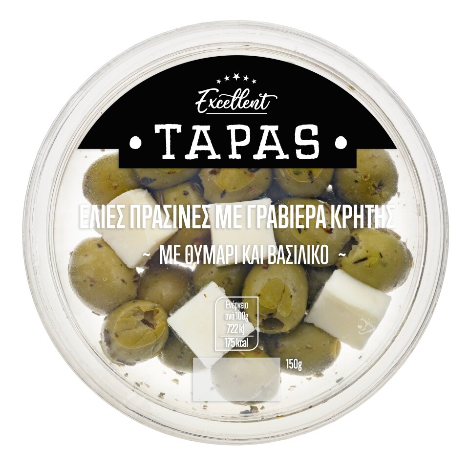 EXCELLENT TAPAS Ελιές Πράσινες με Γραβιέρα Κρήτης Θυμάρι και Βασιλικό 150g