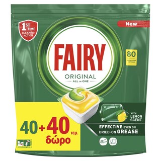 FAIRY | Κάψουλες Πλυντηρίου Πιάτων All in 1 Original Λεμόνι 40+40 Τεμάχια Δώρο