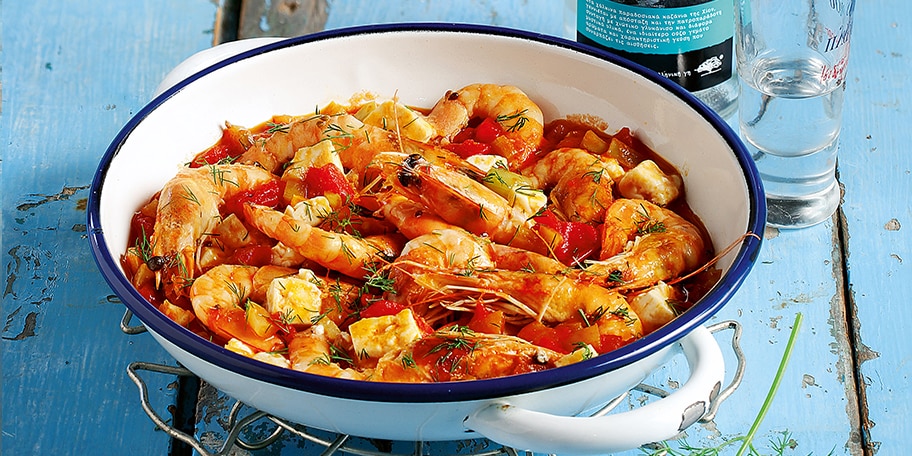 Γαρίδες σαγανάκι με ούζο και γλυκάνισο