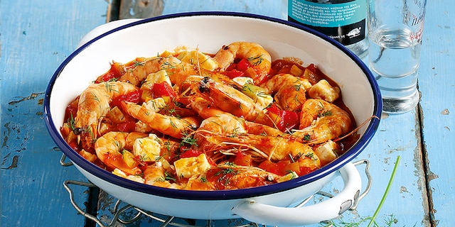 Γαρίδες σαγανάκι με ούζο και γλυκάνισο