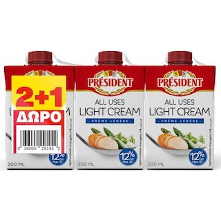 PRESIDENT | Κρέμα Γάλακτος 12% Λιπαρά 3x200ml 2+1 Δώρο