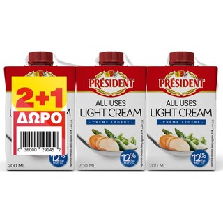 PRESIDENT | Κρέμα Γάλακτος 12% Λιπαρά 3x200ml 2+1 Δώρο