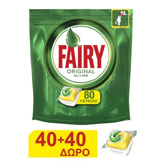 FAIRY | Κάψουλες Πλυντηρίου Πιάτων All in 1 Original Λεμόνι 40+40 Τεμάχια Δώρο