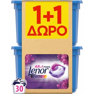 LENOR | Kάψουλες Πλυντηρίου Ρούχων Allin1 Pods Amethyst & Floral Bouquet 15 Τεμάχια 1+1 Δώρο