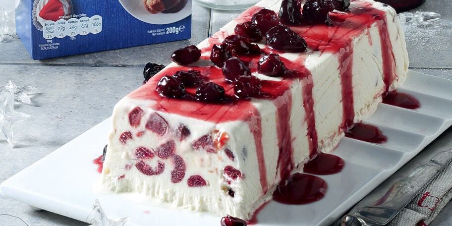 Κορμός Σεμιφρέντο με βύσσινα και λευκή σοκολάτα