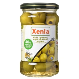 XENIA | Ελιές Πράσινες Χωρίς Κουκούτσι 40% Λιγότερο Αλάτι 130g