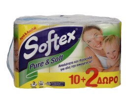 SOFTEX | ΧΑΡΤΙ ΥΓΕΙΑΣ PURE AND SOFT 2 ΦΥΛΛΑ 12 ΤΕΜ
