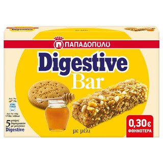 ΠΑΠΑΔΟΠΟΥΛΟΥ | DIGESTIVE | Μπάρες Δημητριακών Digestive Μέλι 5x28gr Έκπτωση 0.30Ε 140 ΓΡ -0,30Ε