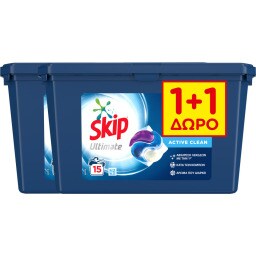 SKIP | Kάψουλες Πλυντηρίου Ρούχων Ultimate Active Clean Trio 15 Μεζούρες 1+1 Δώρο