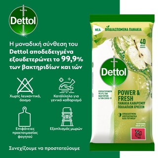 DETTOL | Υγρά Απολυμαντικά Πανάκια Καθαρισμού Πράσινο Μήλο 40 Τεμάχια