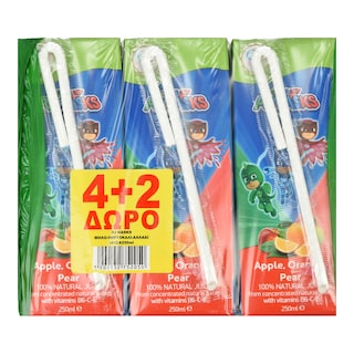 KIDS VALLEY | Φυσικός Χυμός PJ Masks Μήλο Πορτοκάλι Αχλάδι 250ml 4+2 Δώρο