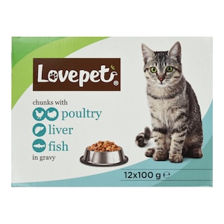 LOVEPET | Γατοτροφή Υγρή Πουλερικά Συκώτι και Ψάρι 12x100g