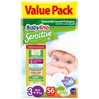 BABYLINO | DIAPERS SENSITIVE MIDI 4 - 9 KGR No 3 ECONOMY 56 ITEMS