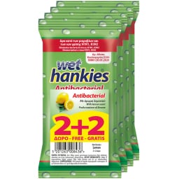 WET HANKIES | Υγρά Μαντηλάκια Αντιβακτηριδιακά Λεμόνι 15 Τεμάχια 2+2 Δώρο