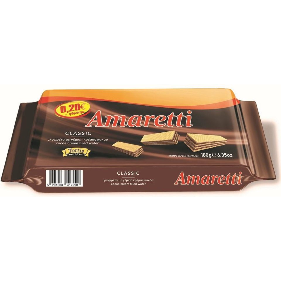 AMARETTI Γκοφρέτα Κρέμα Κακάο 180g Έκπτωση 0.20Ε