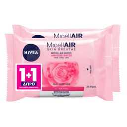 NIVEA | Μαντηλάκια Ντεμακιγιάζ Micellair Skin Breathe Ροδόνερο 25 Τεμάχια 1+1 Δώρο