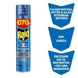 RAID | Εντομοκτόνο Spray Κουνούπια & Μύγες 300ml Έκπτωση 0.70Ε