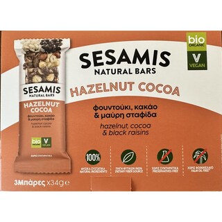 SESAMIS | Μπάρα Φουντουκιού Bio με Κακάο και Σταφίδα 3x34g
