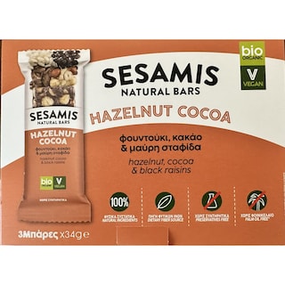 SESAMIS | Μπάρα Φουντουκιού Bio με Κακάο και Σταφίδα 3x34g